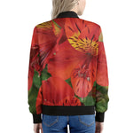 Red Alstroemeria Print Women's Bomber Jacket