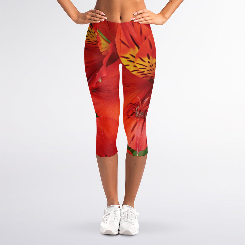 Red Alstroemeria Print Women's Capri Leggings