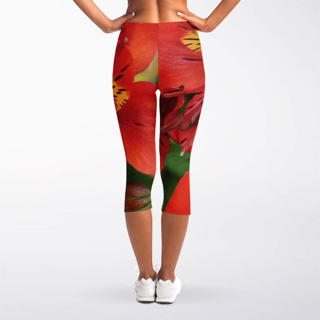 Red Alstroemeria Print Women's Capri Leggings