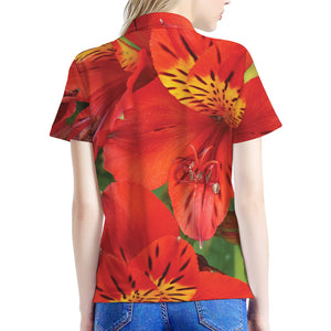 Red Alstroemeria Print Women's Polo Shirt