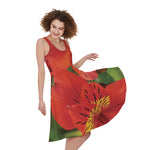 Red Alstroemeria Print Women's Sleeveless Dress