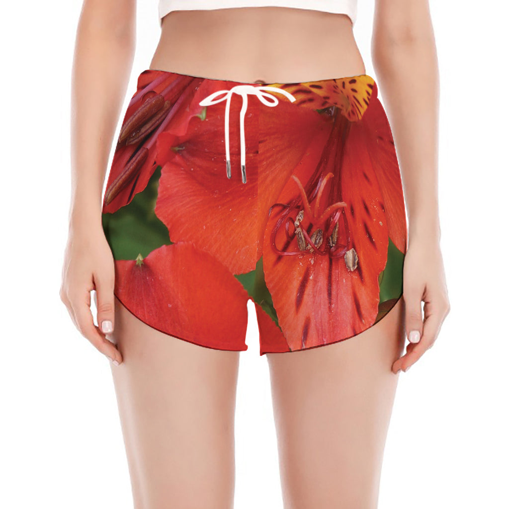 Red Alstroemeria Print Women's Split Running Shorts