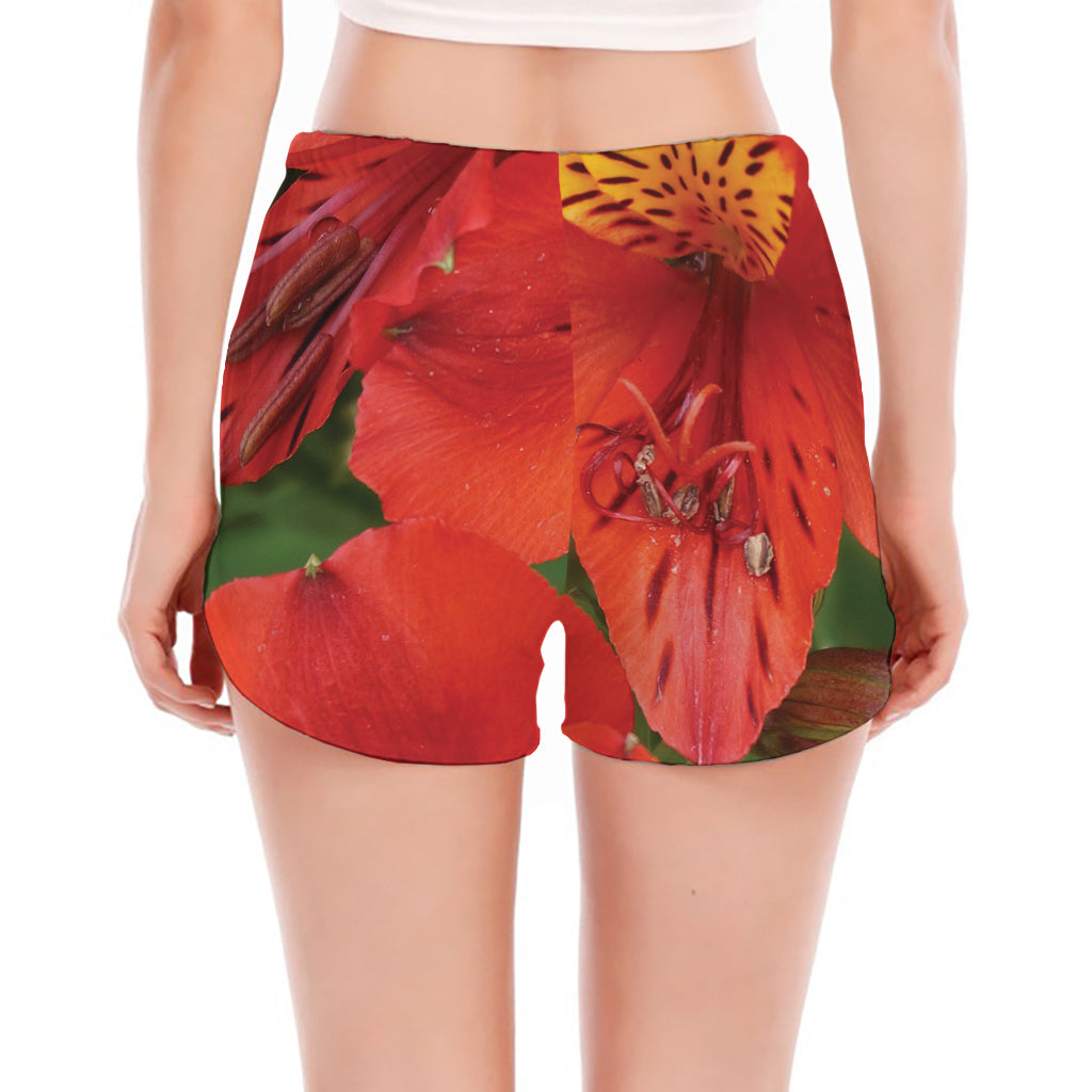 Red Alstroemeria Print Women's Split Running Shorts