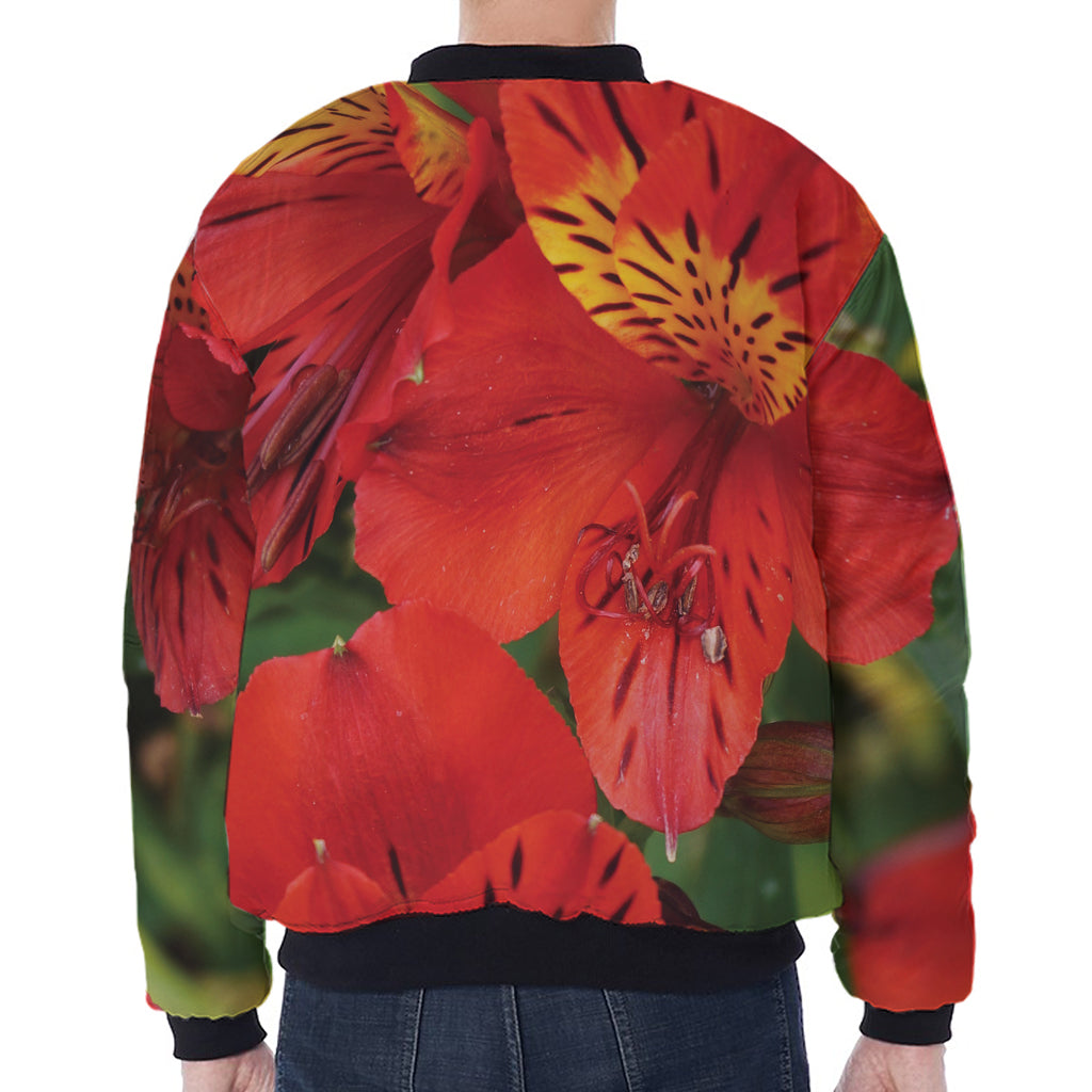 Red Alstroemeria Print Zip Sleeve Bomber Jacket