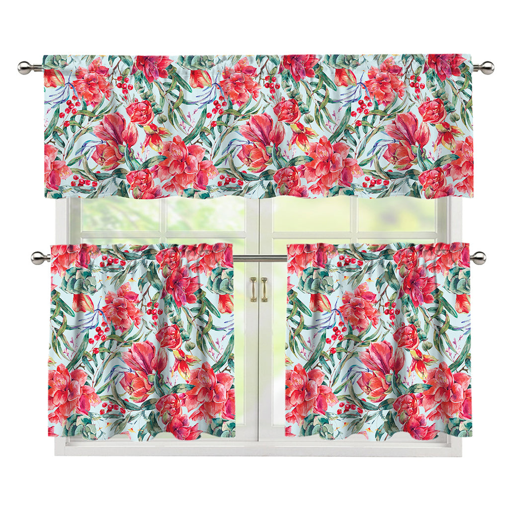 Red Amaryllis Pattern Print 3 Piece Kitchen Curtains