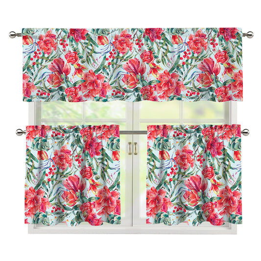 Red Amaryllis Pattern Print 3 Piece Kitchen Curtains