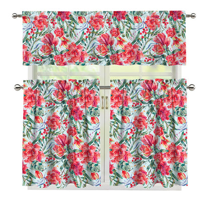 Red Amaryllis Pattern Print 3 Piece Kitchen Curtains