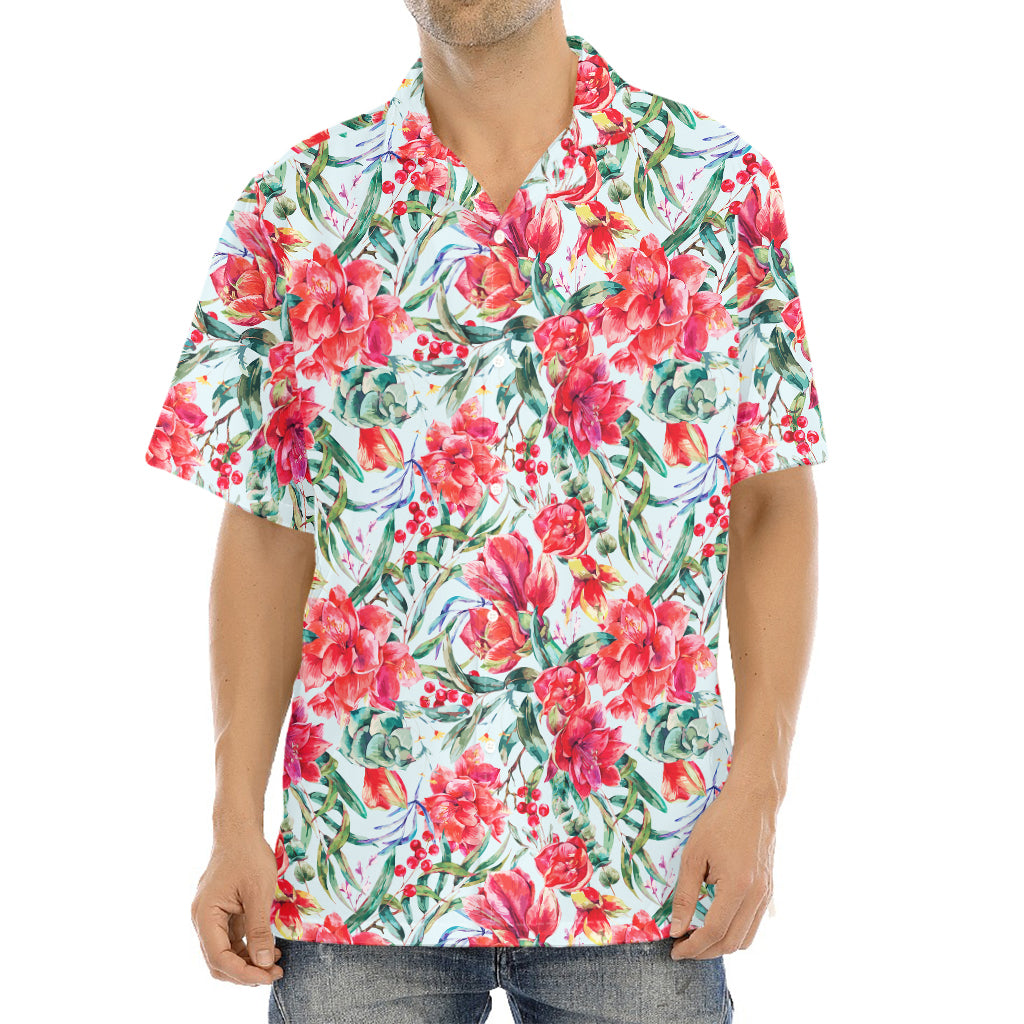 Red Amaryllis Pattern Print Aloha Shirt