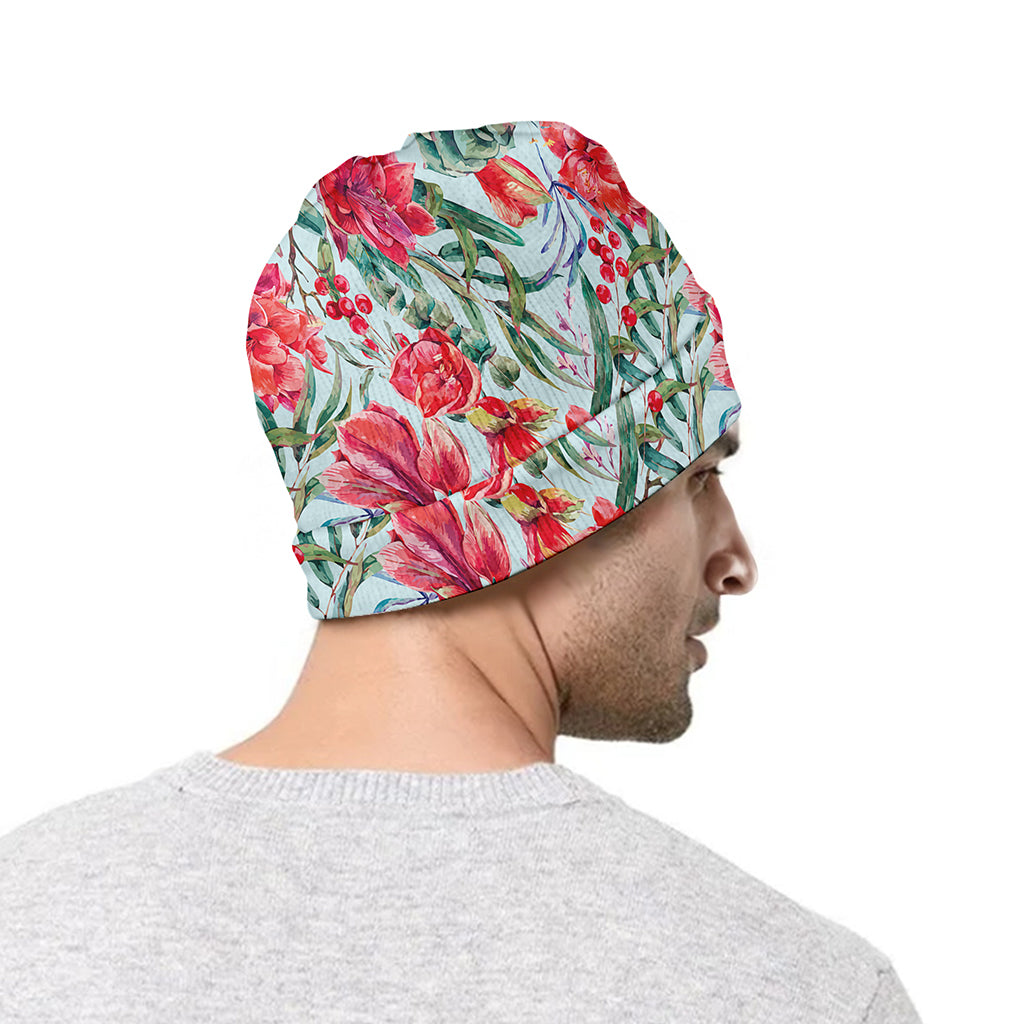 Red Amaryllis Pattern Print Beanie
