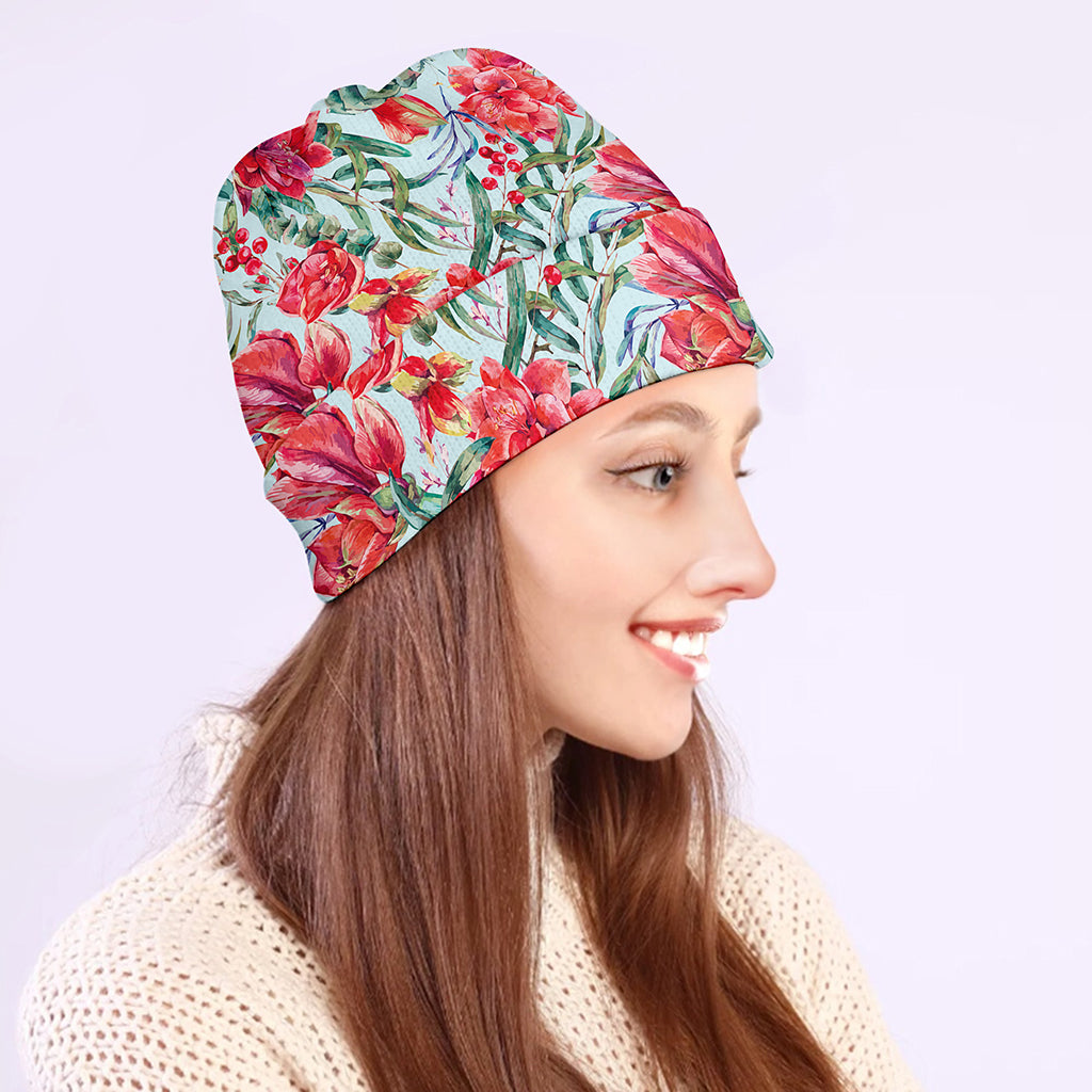 Red Amaryllis Pattern Print Beanie