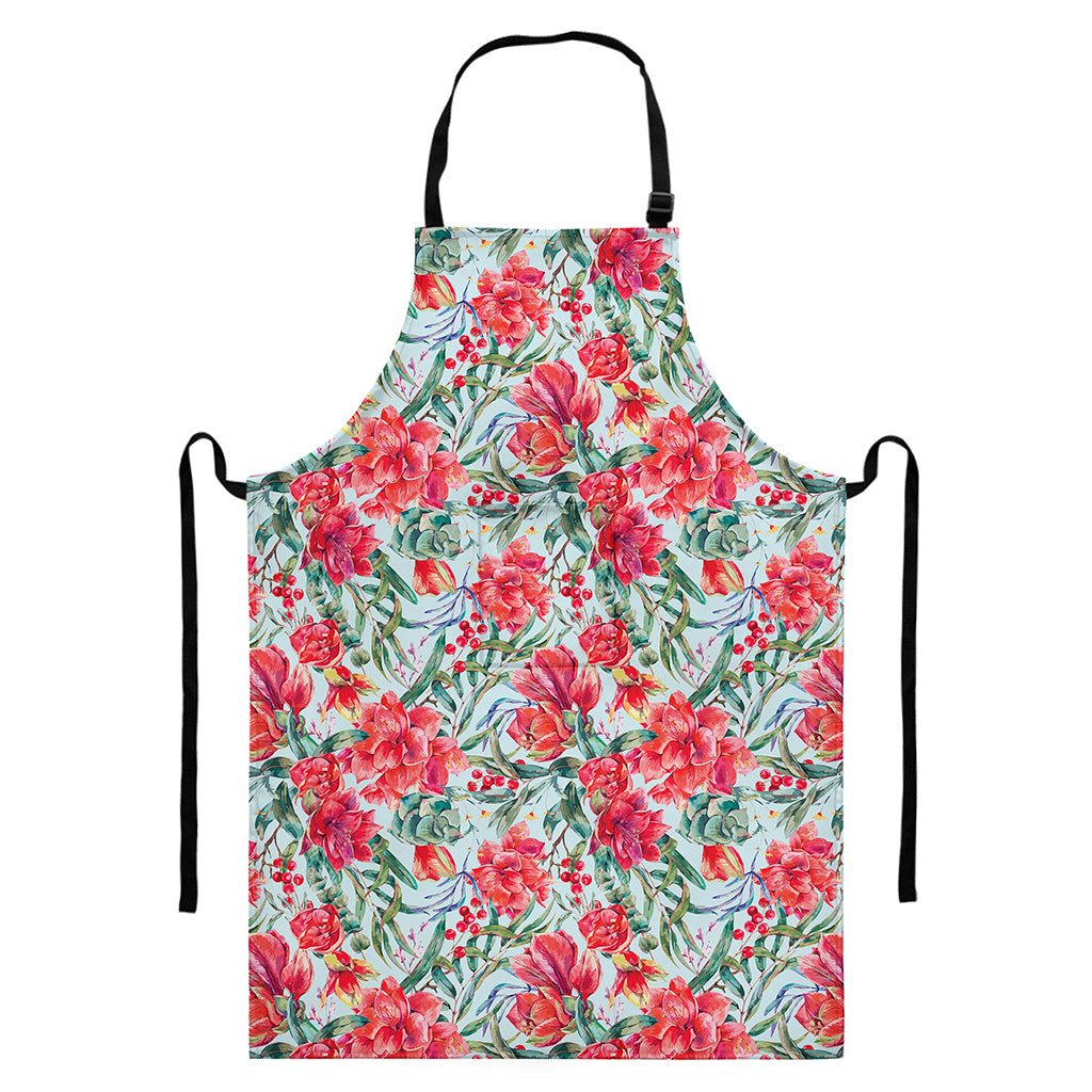 Red Amaryllis Pattern Print Bib Apron With Pocket