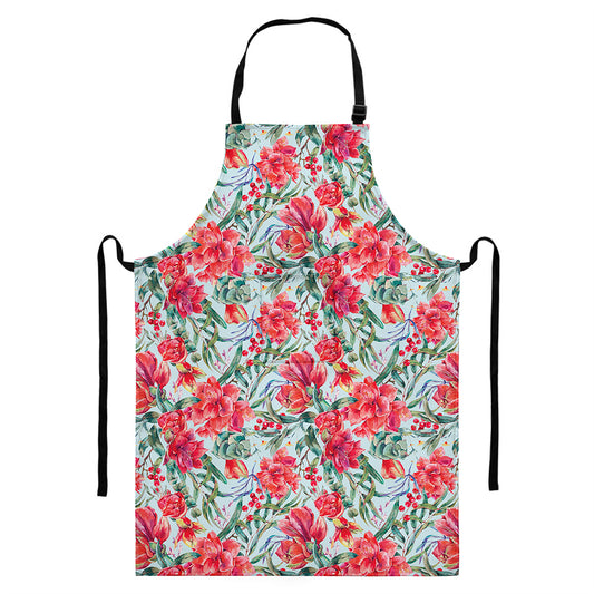 Red Amaryllis Pattern Print Bib Apron With Pocket