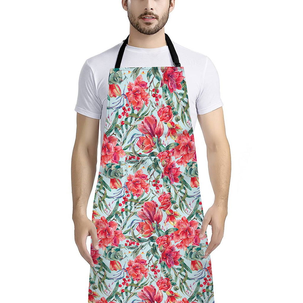 Red Amaryllis Pattern Print Bib Apron With Pocket
