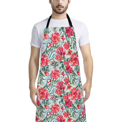 Red Amaryllis Pattern Print Bib Apron With Pocket