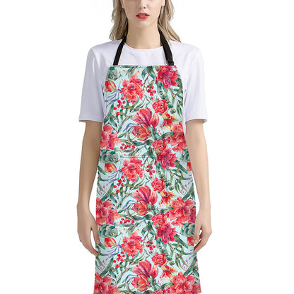 Red Amaryllis Pattern Print Bib Apron With Pocket