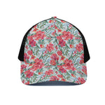 Red Amaryllis Pattern Print Black Mesh Trucker Cap