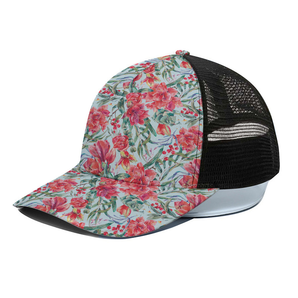 Red Amaryllis Pattern Print Black Mesh Trucker Cap