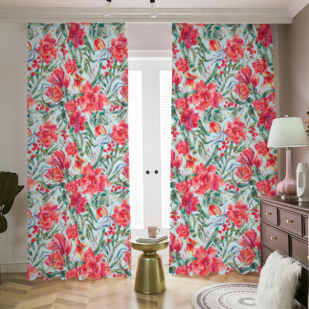 Red Amaryllis Pattern Print Blackout Pencil Pleat Curtains