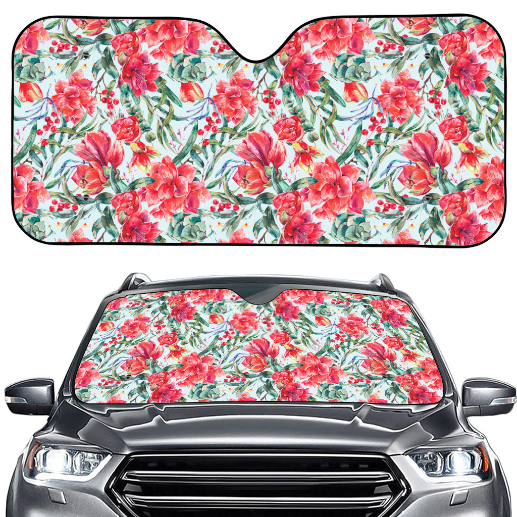 Red Amaryllis Pattern Print Car Windshield Sun Shade