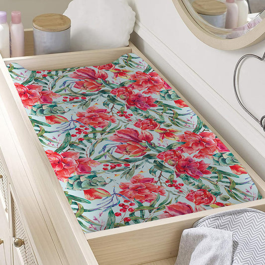 Red Amaryllis Pattern Print Changing Pad Cover
