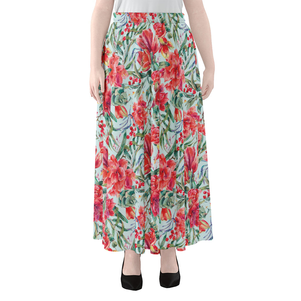 Red Amaryllis Pattern Print Chiffon Maxi Skirt