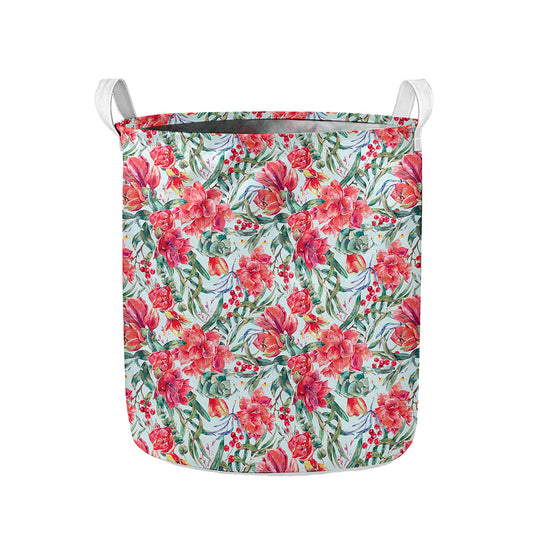 Red Amaryllis Pattern Print Collapsible Laundry Basket