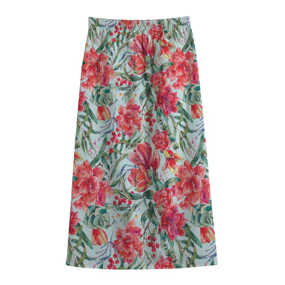 Red Amaryllis Pattern Print Cotton Front Slit Maxi Skirt