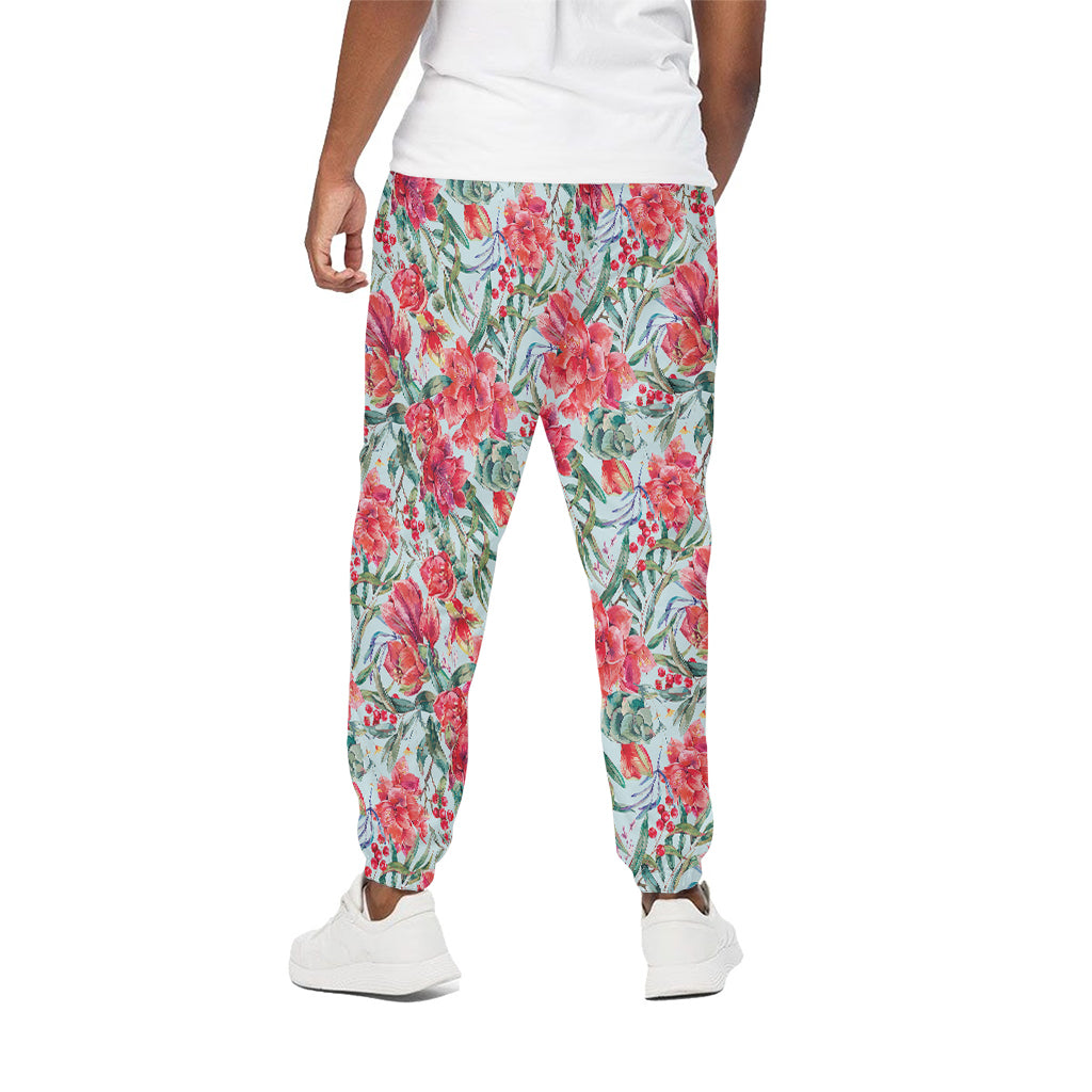 Red Amaryllis Pattern Print Cotton Pants