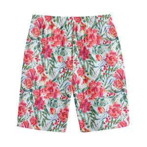 Red Amaryllis Pattern Print Cotton Shorts