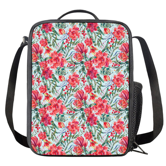 Red Amaryllis Pattern Print Crossbody Lunch Bag