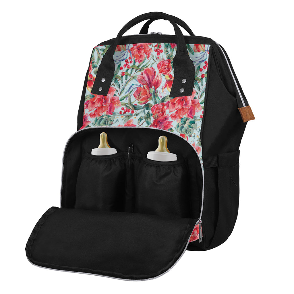 Red Amaryllis Pattern Print Diaper Bag