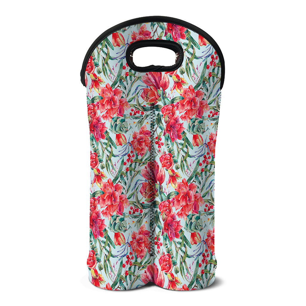 Red Amaryllis Pattern Print Double Neoprene Wine Tote