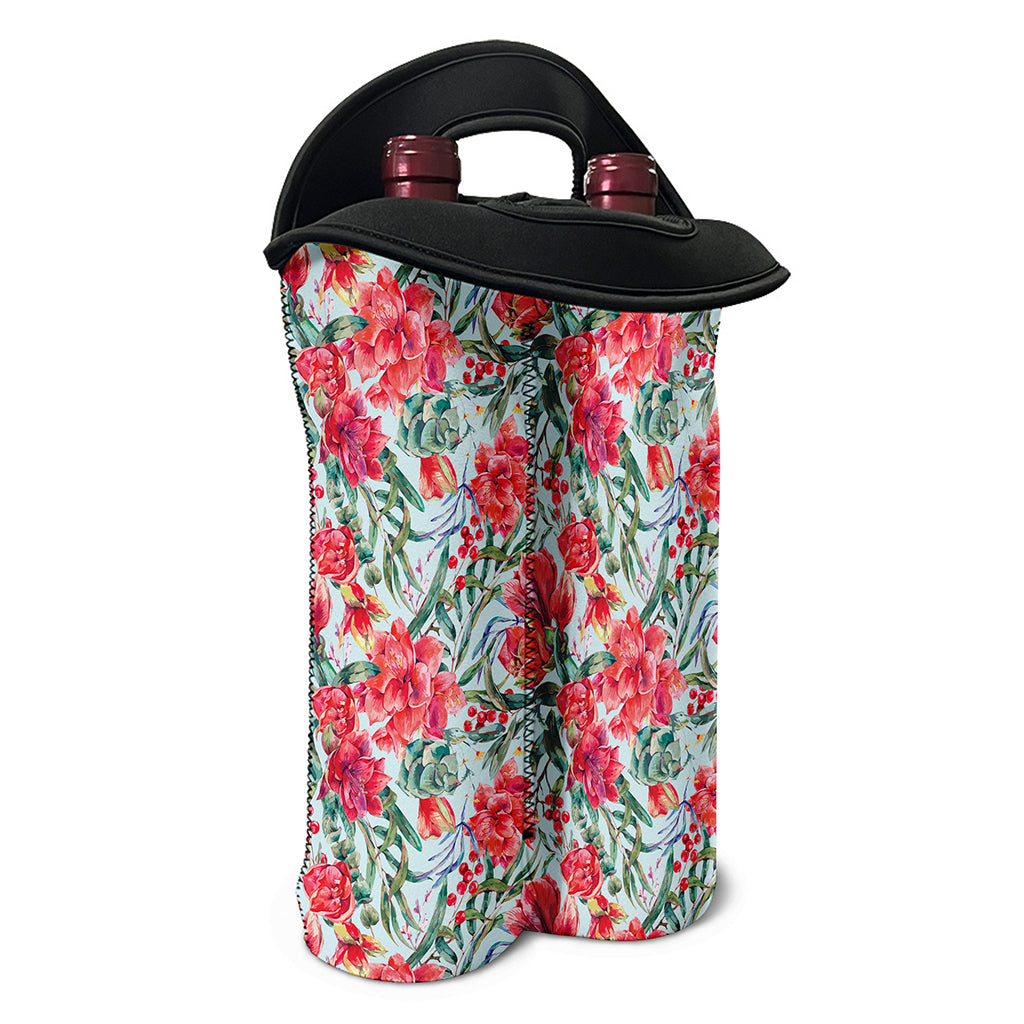 Red Amaryllis Pattern Print Double Neoprene Wine Tote