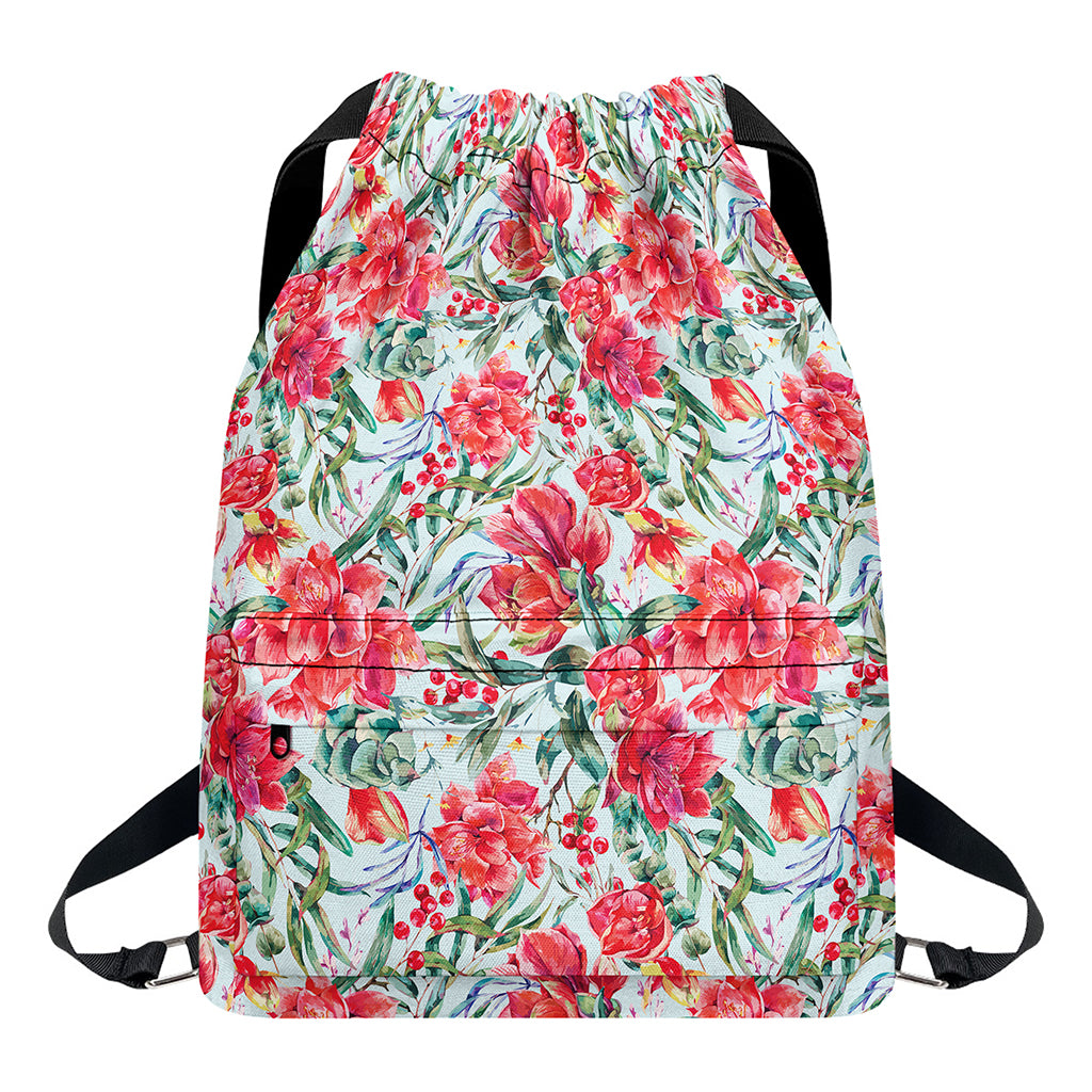 Red Amaryllis Pattern Print Drawstring Backpack