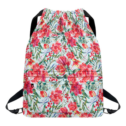 Red Amaryllis Pattern Print Drawstring Backpack