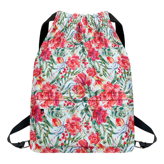 Red Amaryllis Pattern Print Drawstring Backpack