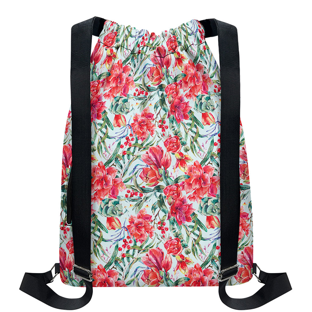 Red Amaryllis Pattern Print Drawstring Backpack