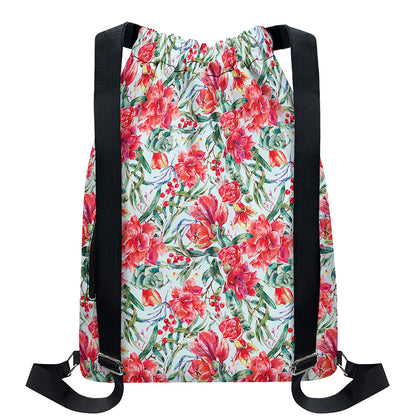 Red Amaryllis Pattern Print Drawstring Backpack