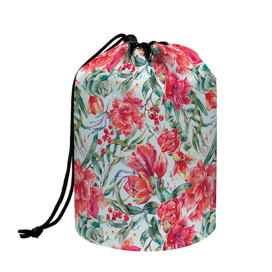 Red Amaryllis Pattern Print Drawstring Makeup Bag