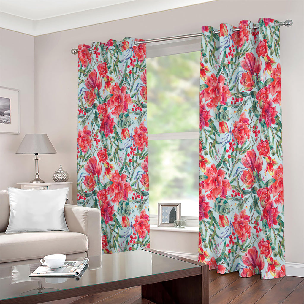 Red Amaryllis Pattern Print Extra Wide Grommet Curtains