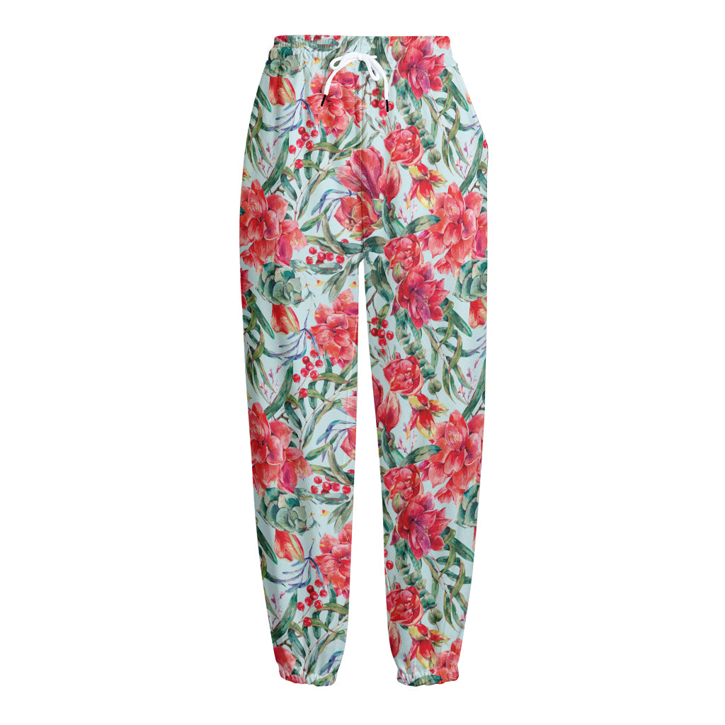 Red Amaryllis Pattern Print Fleece Lined Knit Pants