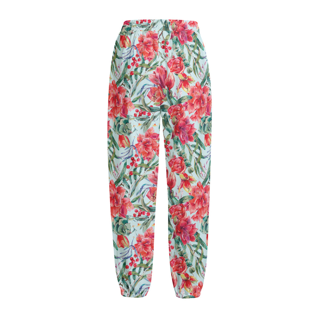 Red Amaryllis Pattern Print Fleece Lined Knit Pants