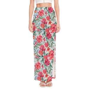 Red Amaryllis Pattern Print High Slit Maxi Skirt