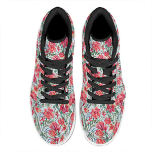 Red Amaryllis Pattern Print High Top Leather Sneakers