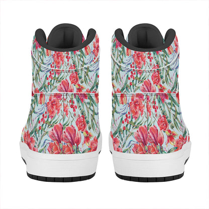 Red Amaryllis Pattern Print High Top Leather Sneakers
