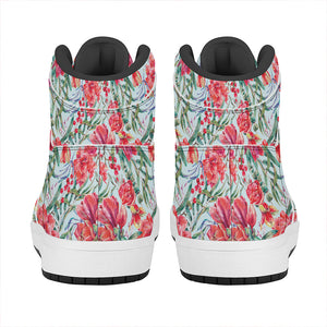 Red Amaryllis Pattern Print High Top Leather Sneakers