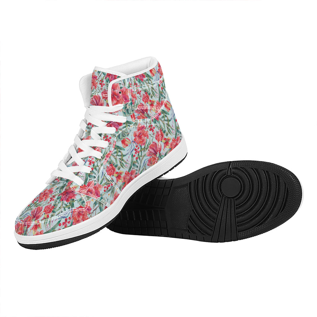 Red Amaryllis Pattern Print High Top Leather Sneakers