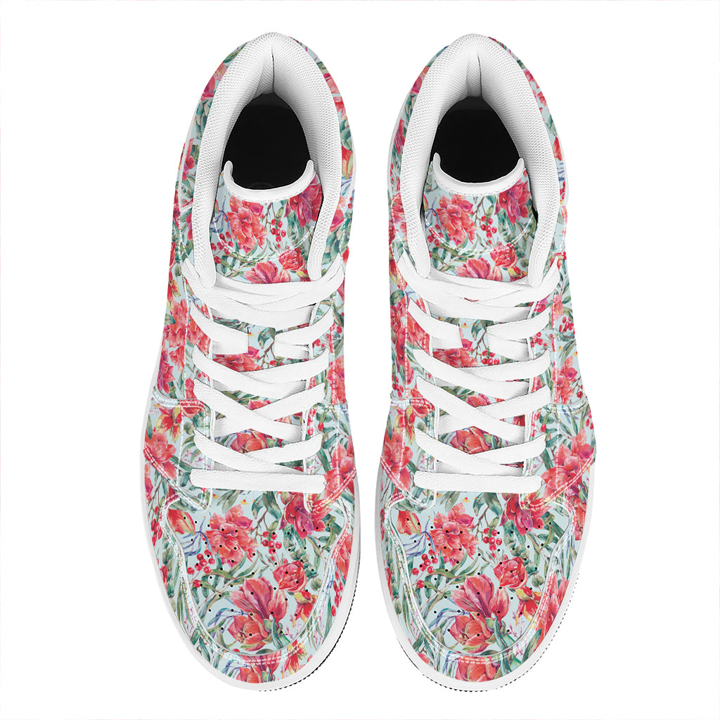 Red Amaryllis Pattern Print High Top Leather Sneakers