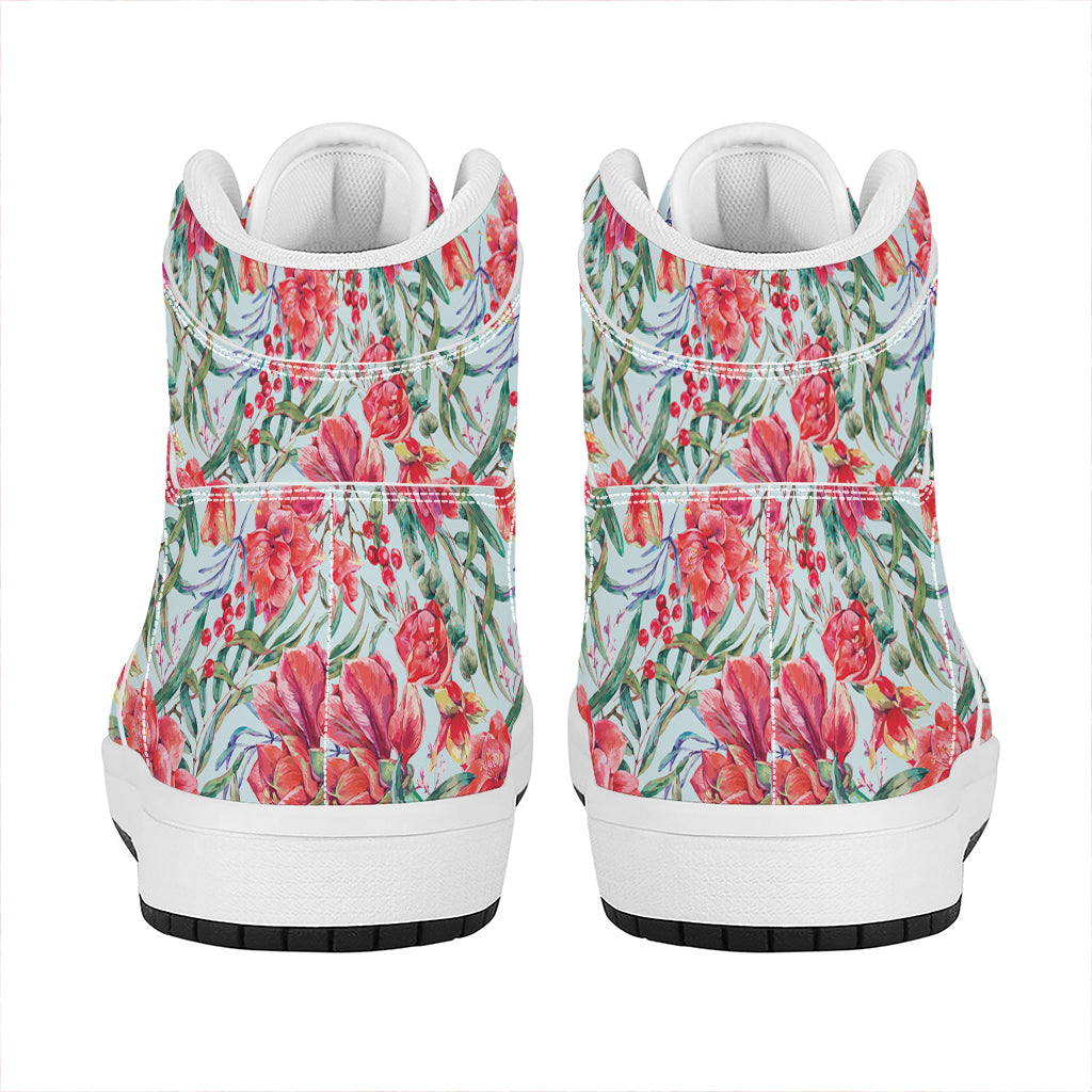 Red Amaryllis Pattern Print High Top Leather Sneakers