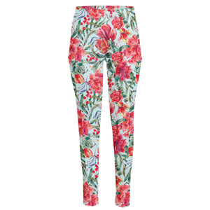 Red Amaryllis Pattern Print High-Waisted Pocket Leggings